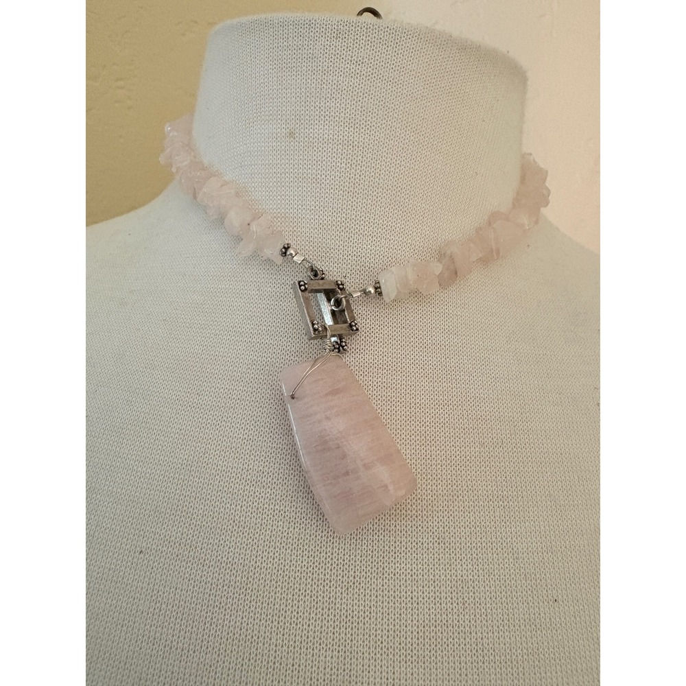 Rose Quartz Chip Bead Necklace with Large Slab Pendant Toggle Clasp Pink Silver